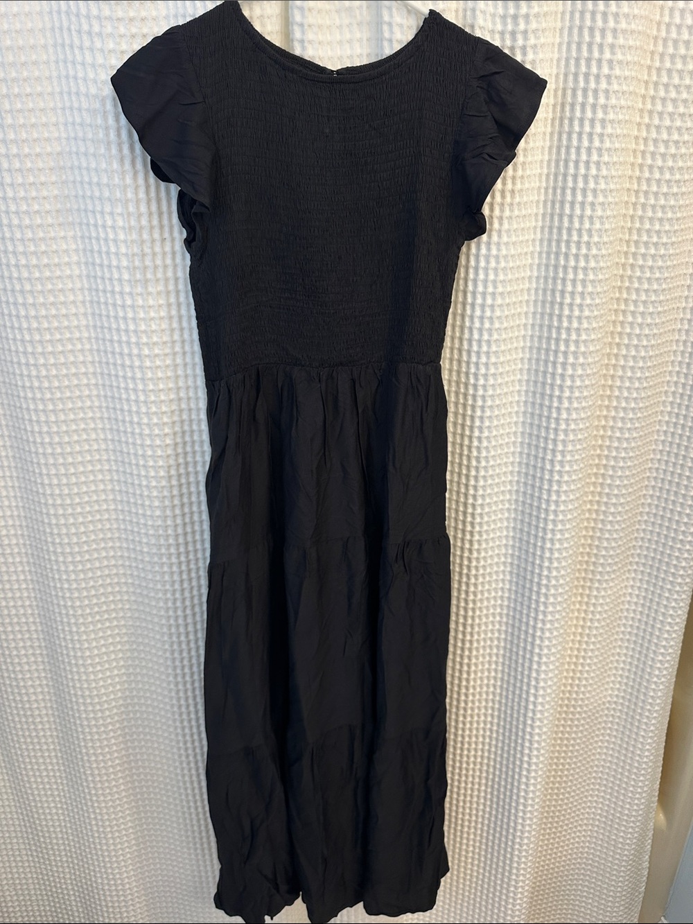 Black Smocked Midi Dress with Flutter Sleeves